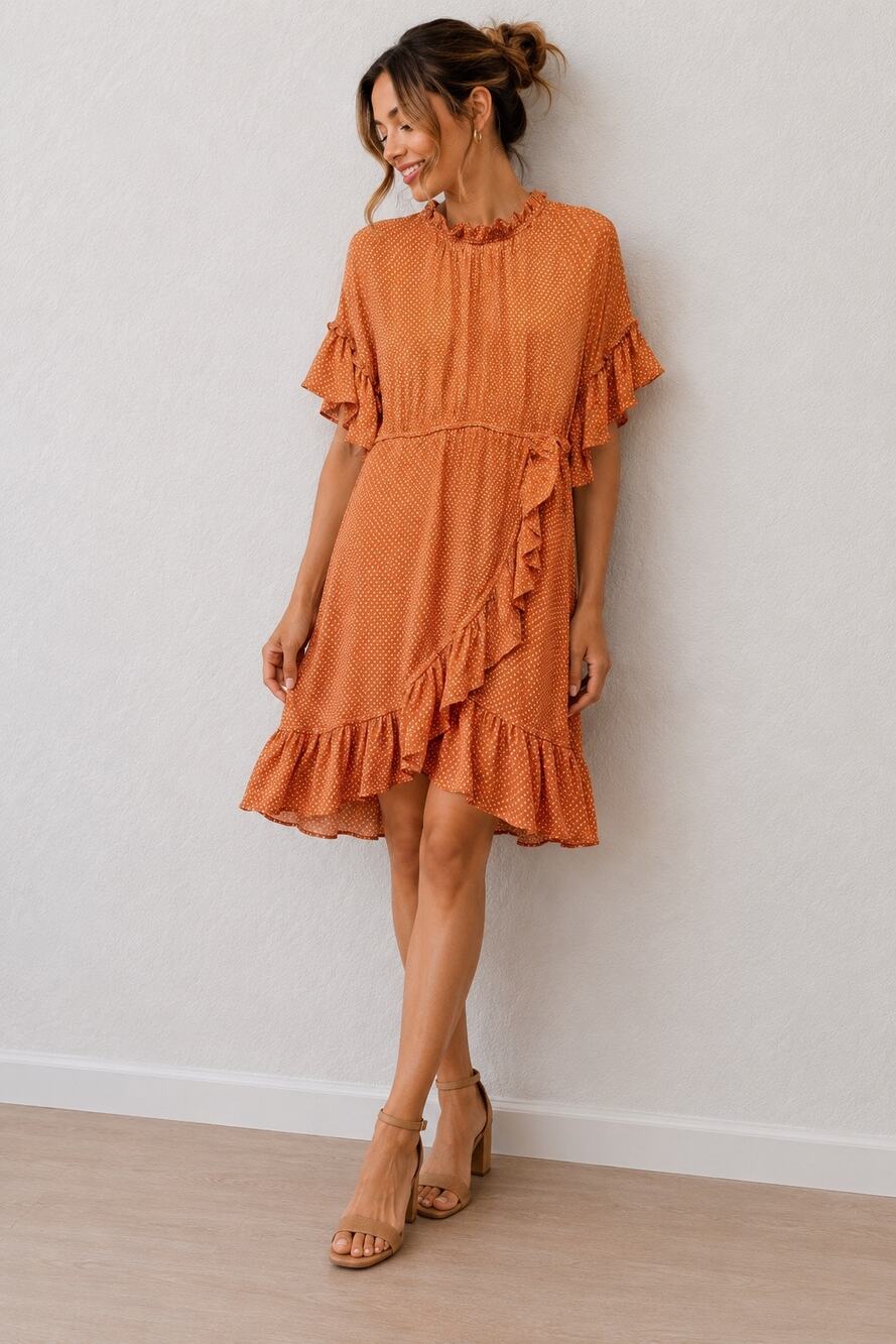 BYTIMO Orange Polka Dot Ruffle Midi Wrap Dress Boho Cottagecore Romantic | Large